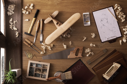 Billede på lærred DIY project at home: wooden toy airplane