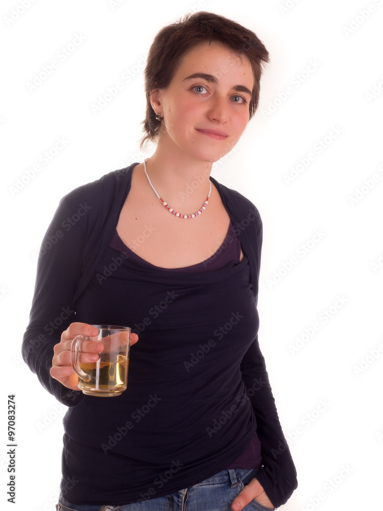 young adult woman with short hair red top, blue jeans on white background in different poses, and various facial expressions. Not Isolated young adult woman with short hair red top, blue jeans on white background in different poses, and various facial expressions. Not Isolated