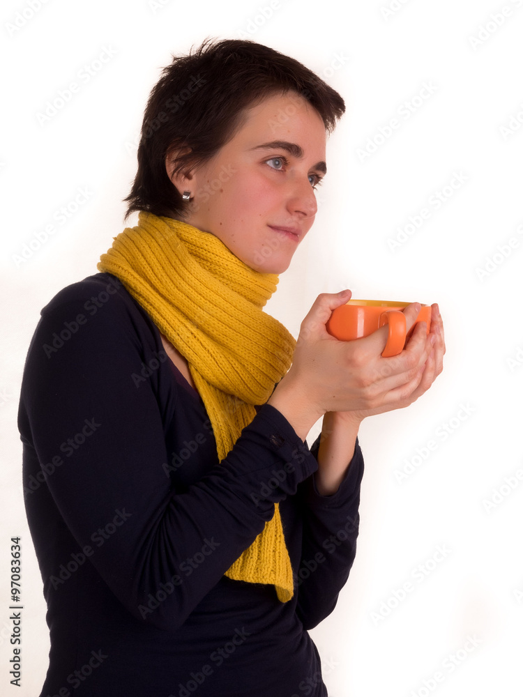 young adult woman with short hair red top, yellow scarf, on white background in different poses, and various facial expressions. Not Isolated young adult woman with short hair red top, yellow scarf, on white background in different poses, and various facial expressions. Not Isolated