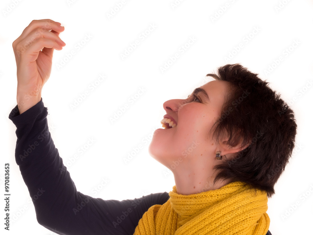 young adult woman with short hair red top, yellow scarf, blue jeans on white background in different poses, and various facial expressions. Not Isolated young adult woman with short hair red top, yellow scarf, blue jeans on white background in different poses, and various facial expressions. Not Isolated