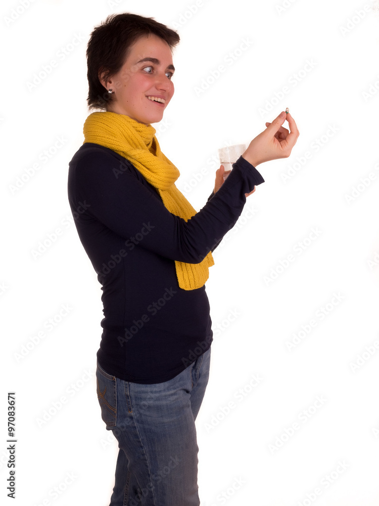 young adult woman with short hair red top, yellow scarf, blue jeans on white background in different poses, and various facial expressions. Not Isolated young adult woman with short hair red top, yellow scarf, blue jeans on white background in different poses, and various facial expressions. Not Isolated