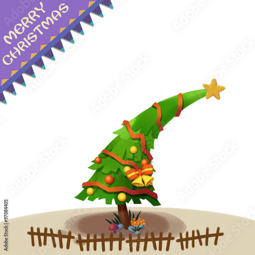 Illustration: The Christmas Tree wishes You Merry Christmas! Realistic Fantastic Cartoon Style Character / Holiday Card Design.