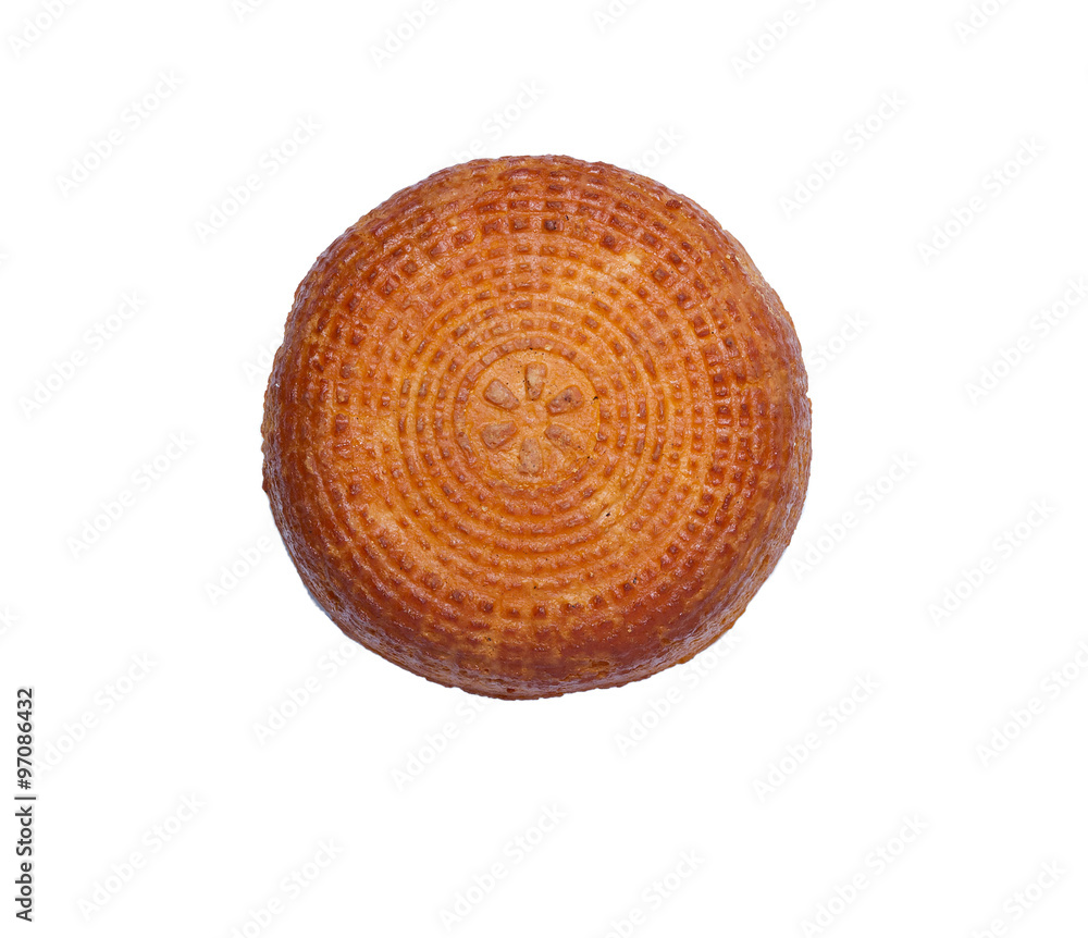 Home smoked rustic cheese isolated on a white .