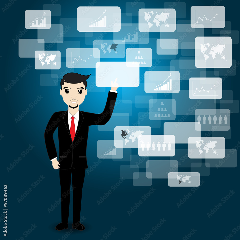 Businessman hand pushing button Businessman hand pushing button