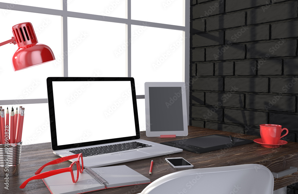 3D illustration laptop and work stuff on table near brick wall, Workspace 3D illustration laptop and work stuff on table near brick wall, Workspace