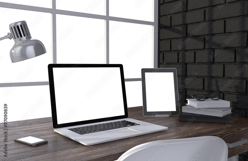 3D illustration laptop and work stuff on table near brick wall, Workspace 3D illustration laptop and work stuff on table near brick wall, Workspace