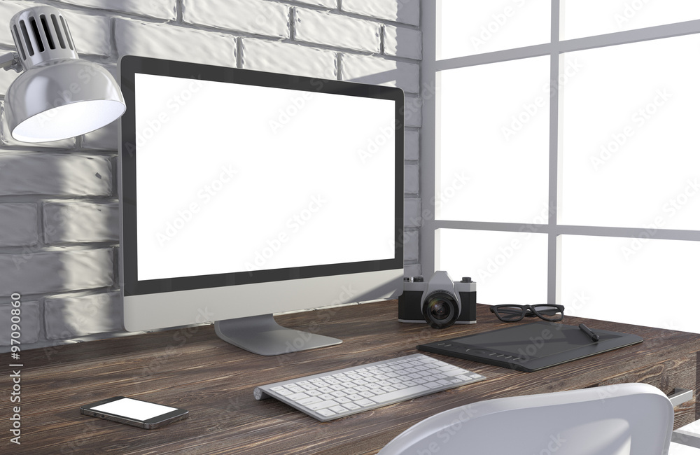 Fototapeta premium 3D illustration PC screen on table in office, Workspace