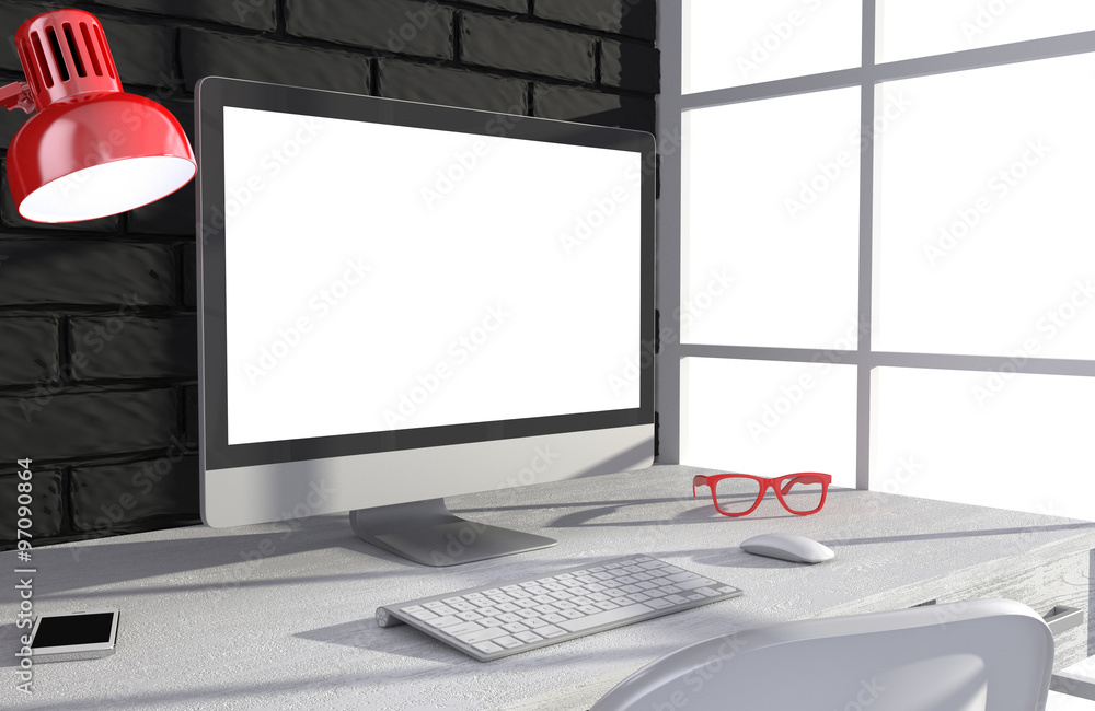 Fototapeta premium 3D illustration PC screen on table in office, Workspace