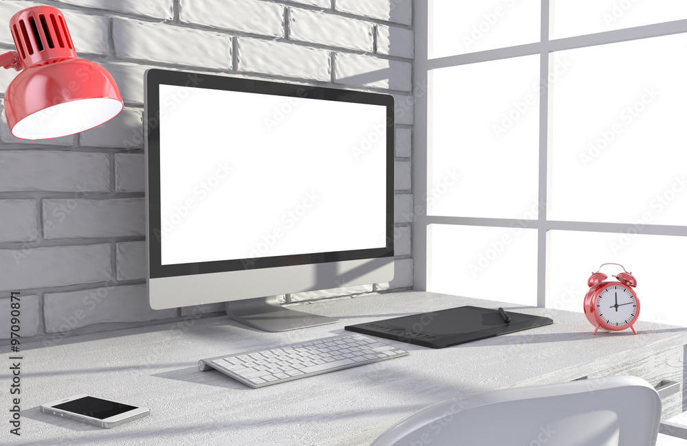 Fototapeta premium 3D illustration PC screen on table in office, Workspace