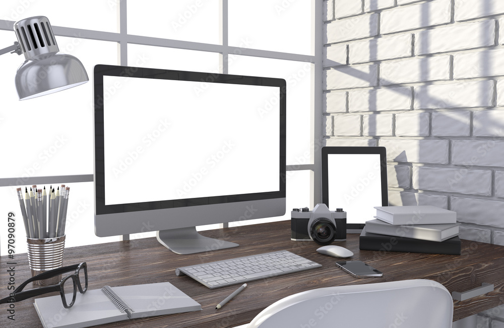 Fototapeta premium 3D illustration PC screen on table in office, Workspace