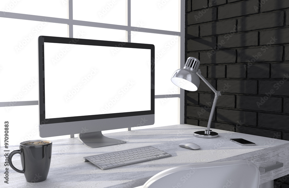 Fototapeta premium 3D illustration PC screen on table in office, Workspace
