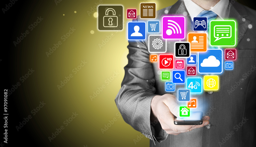 Business man using smart phone with social media icon set Business man using smart phone with social media icon set