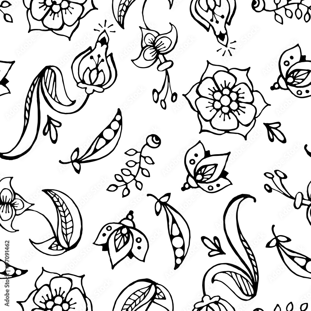 floral, paisley and pea-coal hand drawn seamless pattern