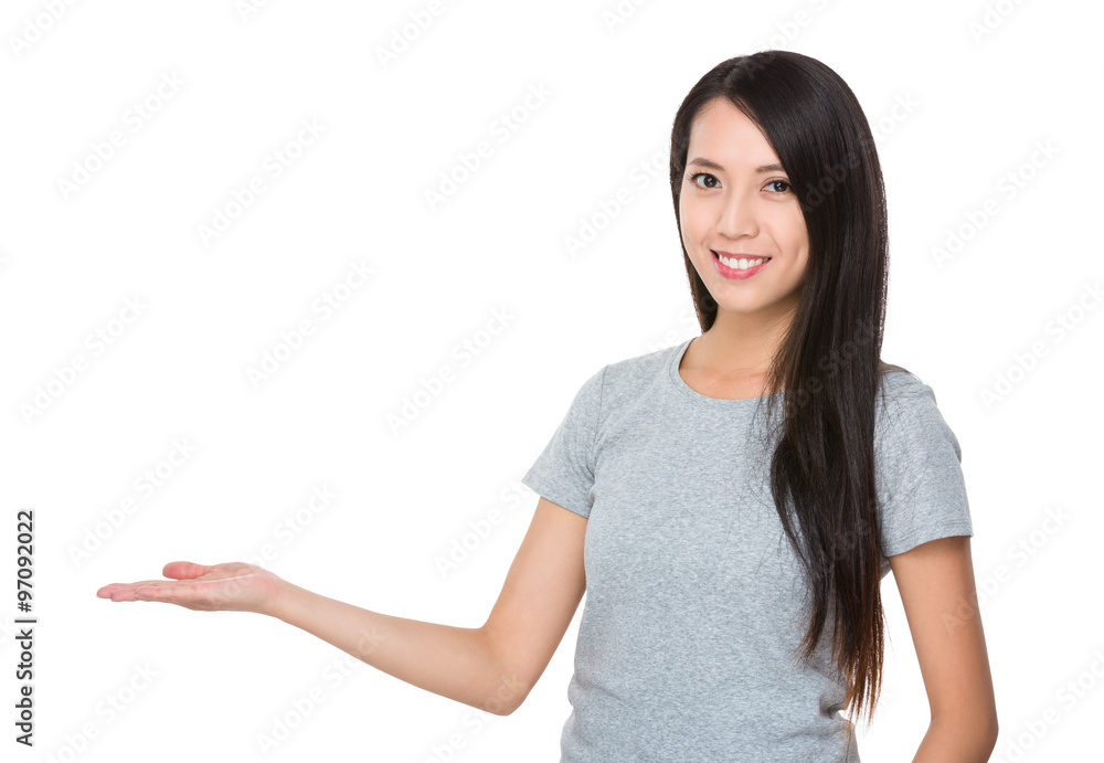 Asian Woman with hand showing blank sign Asian Woman with hand showing blank sign