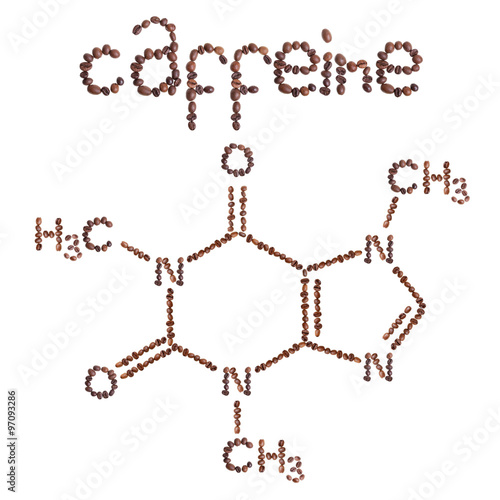  Caffeine chemical molecule structure. The structural formula of caffeine with dark brown coffee beans.