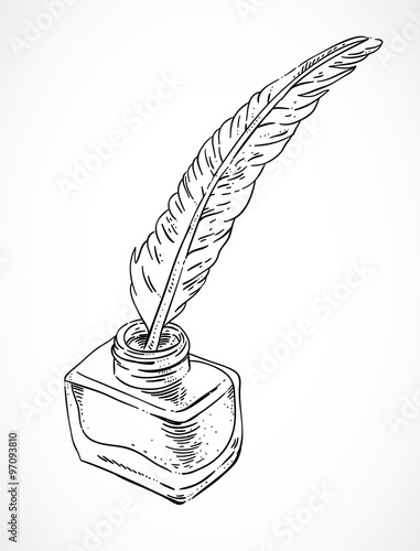 Hand sketched inkwell. Vintage inkwell with feather