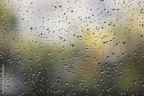 Fresh rain splash drops on a window with background nature in Bl