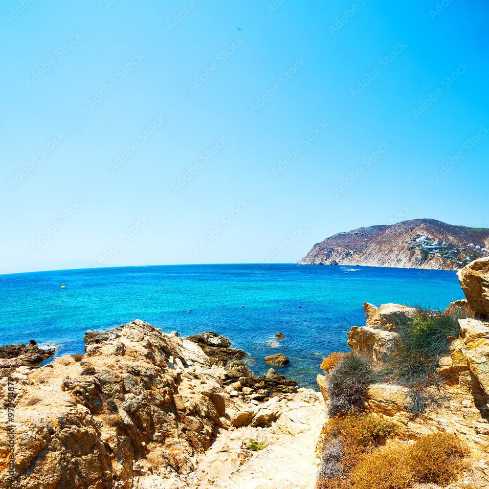 in greece the mykonos island rock sea and beach blue   sky