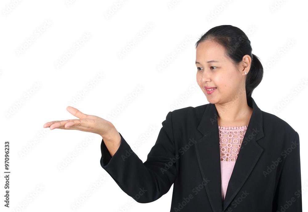 asian business woman holding her hand in air,isolated on white b