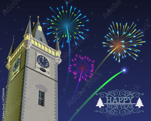 New Year midnight fireworks above the clock tower