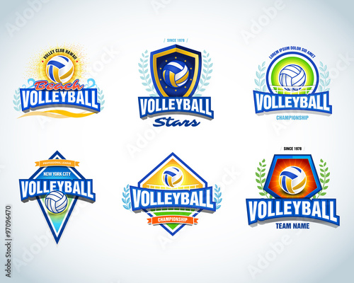 Volleyball logo templates set. Volleyball emblem, logotype template, t-shirt apparel design. Volleyball ball. Sport team badge for tournament or championship. Vector set.