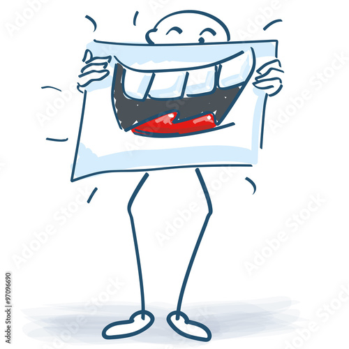 Strichmännchen mit einem Plakat und einem breiten Lachen vor dem Körper