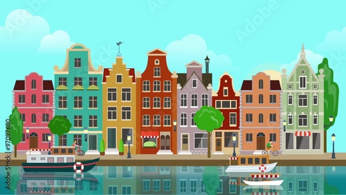 Flat cartoon multicolored colorful historic buildings city town suburb Amsterdam Holland. Sunset and sunrise looped animated background. River sea canal channel boat embankment street. 