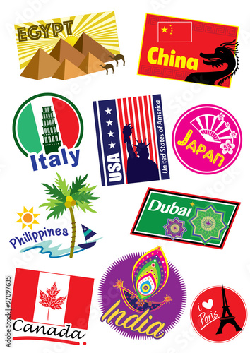 World country travel landmark icon set