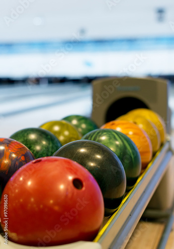 Close-up view of balls in bowling club.