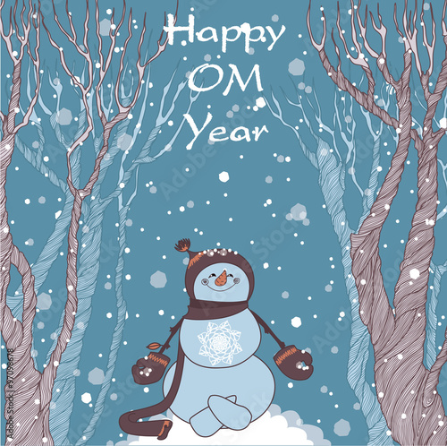 Snowman in forest meditating in the lotus posture and wished everyone happiness