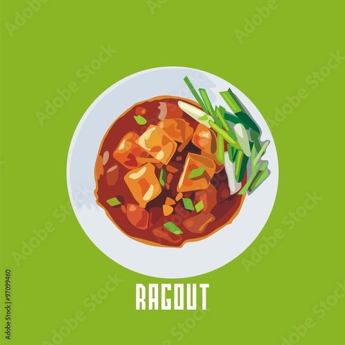ragout with meat in a white plate. Vector illustration