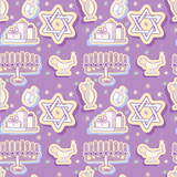 Hanukkah Chanukah jewish holiday Seamless Pattrern. Doodle symbols vector. Hand drawn sketch - background with Star of David, Menorah, Dreidel, Donuts, Torah; Jar; Glass; Oil Lamp; Coins and Gift Box