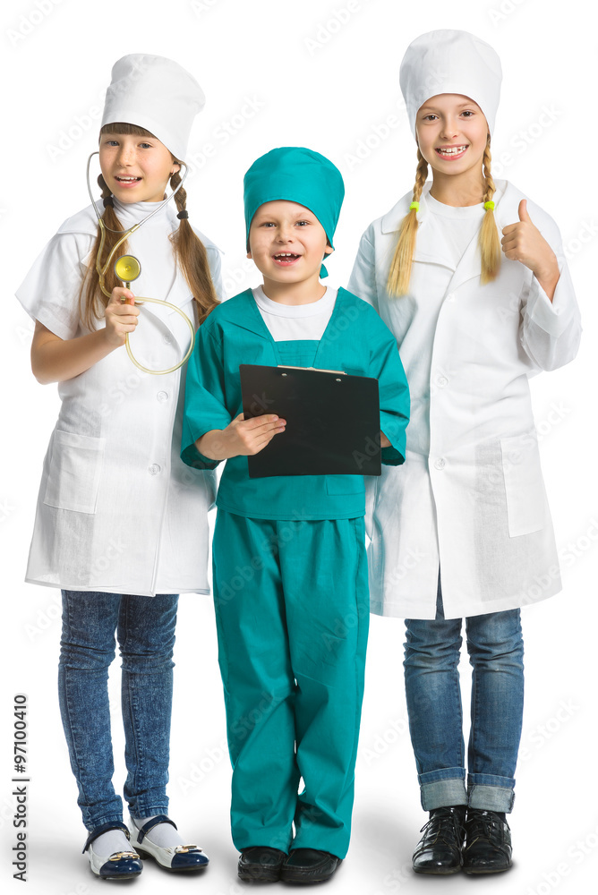 Cute little children dressed like doctor looking at camera with cheerful smile isolated on white background. medicine concept Cute little children dressed like doctor looking at camera with cheerful smile isolated on white background. medicine concept
