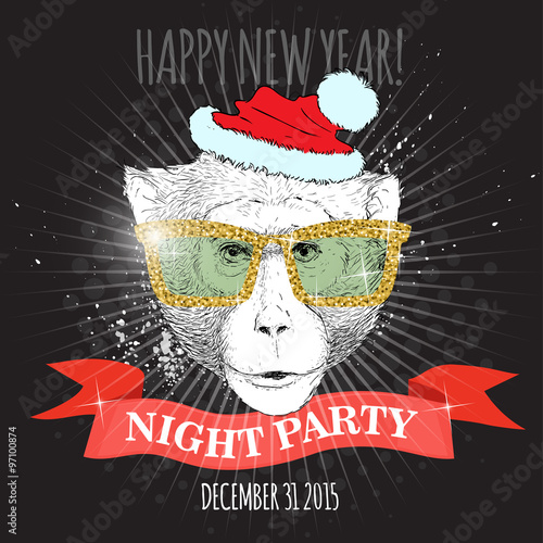 Happy new year night party poster. Macaque monkey Hipster with glitter glasses and Christmas hat. Hand drawn sketch vector illustration for posters, invitations and party flyers.