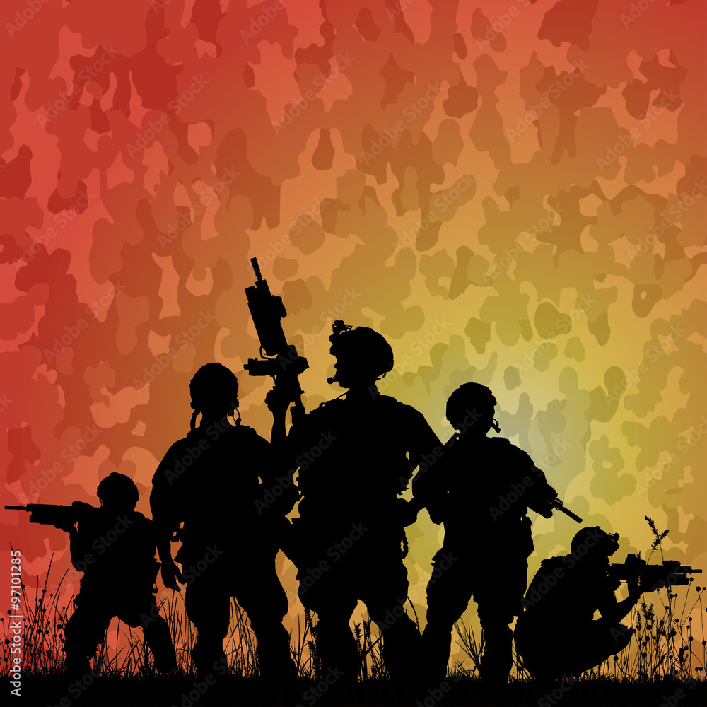 Silhouette of soldiers with rifle against a camouflage pattern background
