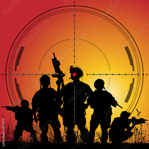 Sniper's scope sight view at sunset