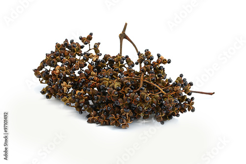 spices, Dry Zanthozylum limonella Alston on white background. photo