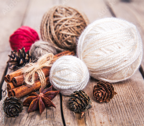 Christmas decoration with pine cones, spices, cinnamon