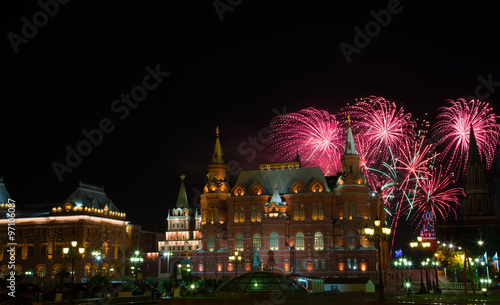Festive fireworks against the Historical museum, Moscow