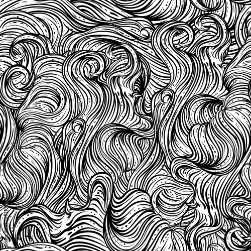 Abstract seamless pattern with wavy hair. Black and white hand drawn vector illustration in line art style