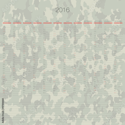 ARMY Daily weekly vector 2016 annual planner calendar template organizer