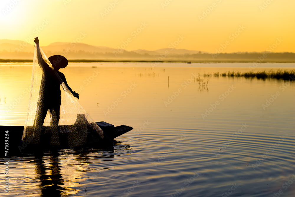 Fisherman in action, Silhouette portrait
