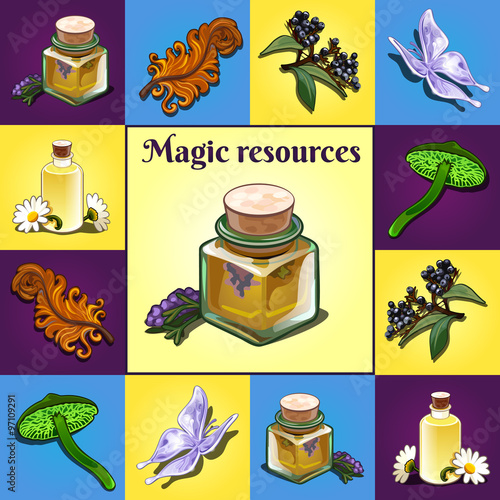 Set of magic components, items and ingredients