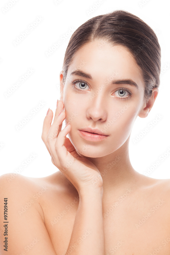 Portrait of female model with her hands near face Portrait of female model with her hands near face