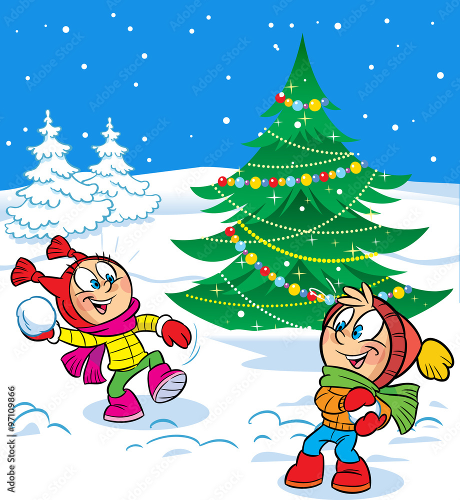 The illustration shows a fun game kids throwing snowballs on a background of the Christmas tree. Vector illustration done in cartoon style, on separate layers.
The illustration shows a fun game kids throwing snowballs on a background of the Christmas tree. Vector illustration done in cartoon style, on separate layers.