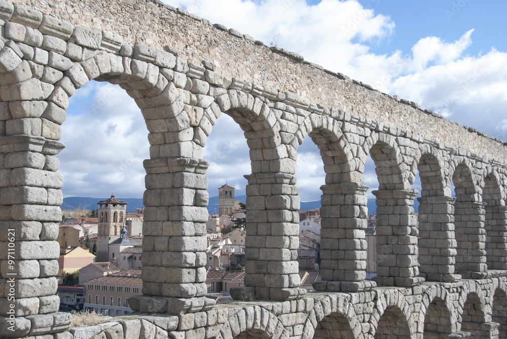 The famous ancient aqueduct in Segovia, Castilla y Leon, Spain.