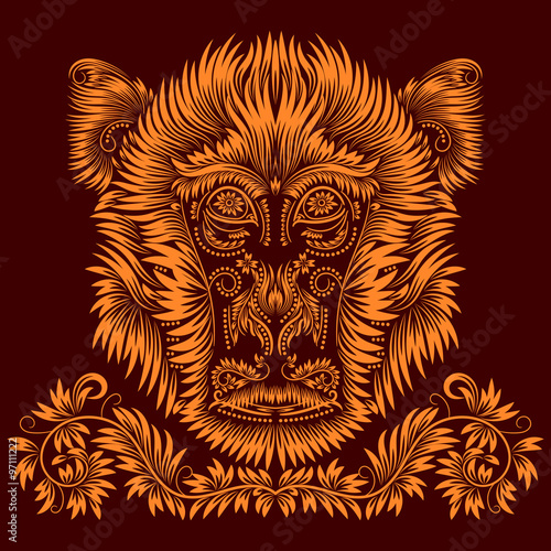 Fiery monkey head. Patterned abstract concept in antique style.