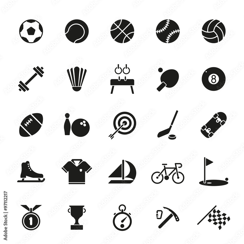 Fototapeta premium Solid black sports icons vector set.