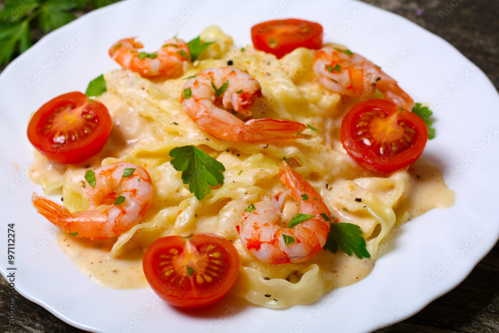 pasta with shrimp, tomatoes, herbs and cream sauce pasta with shrimp, tomatoes, herbs and cream sauce