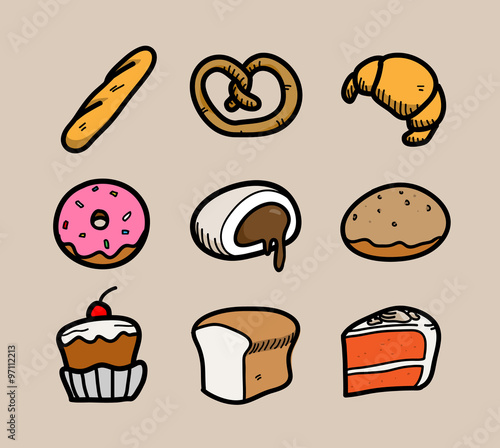 Bakery Icon Set, a set of hand drawn vector illustration of bakery and patisserie elements, isolated on a simple background and nicely grouped for easy editing.